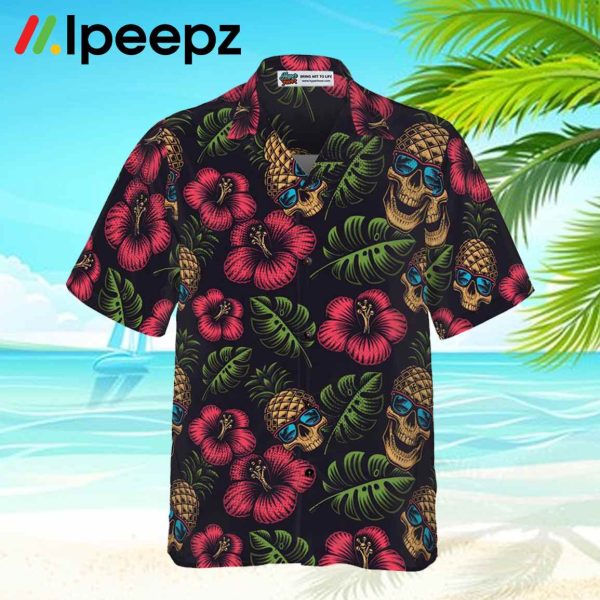 Pineapple Skull Tropical Flowers Black Hawaiian Shirt