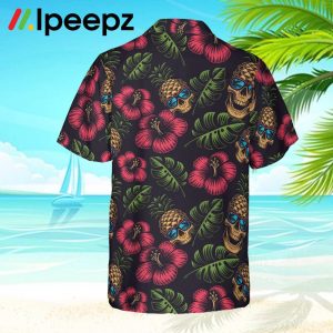 Pineapple Skull Tropical Flowers Black Hawaiian Shirt 2