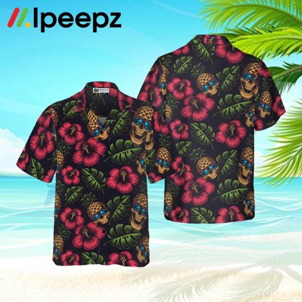 Pineapple Skull Tropical Flowers Black Hawaiian Shirt