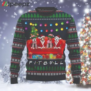 Pit Bull Friends On Red Sofa Womens Ugly Christmas Sweater