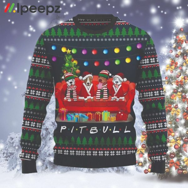 Pit Bull Friends On Red Sofa Womens Ugly Christmas Sweater