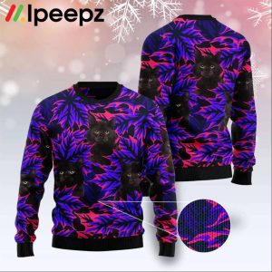 Black Cat Leaves Funny Family Purple Ugly Christmas Sweater