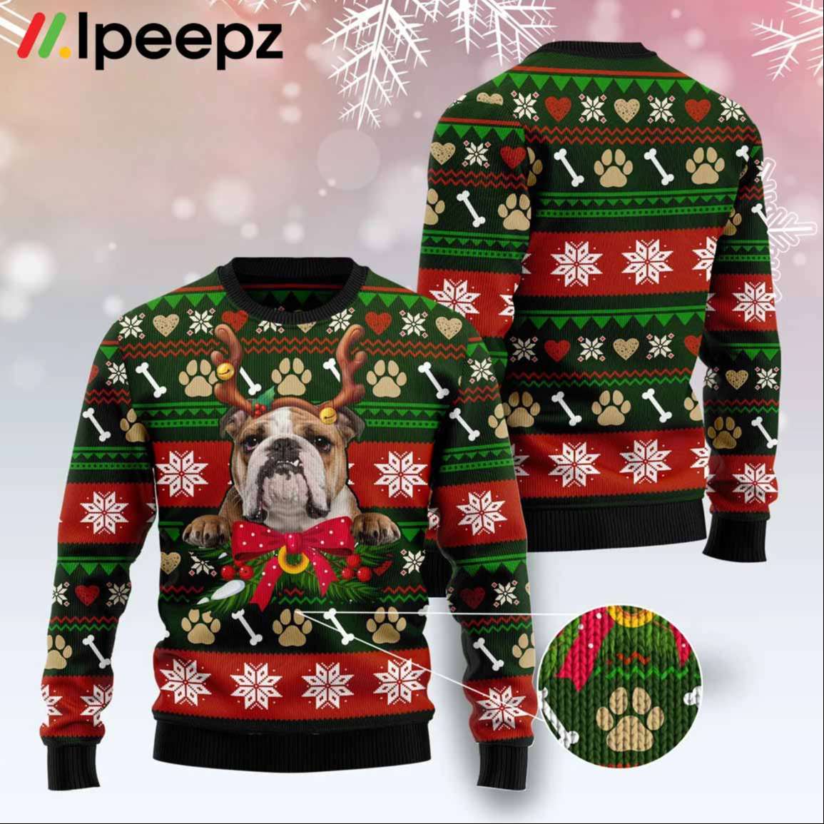Bulldog Funny Family Christmas Holiday Green Red Ugly Sweate