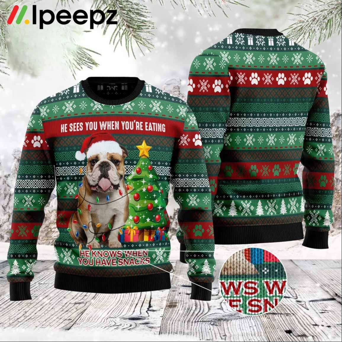 Bulldog Loves Snacks Funny Family Ugly Christmas Sweater