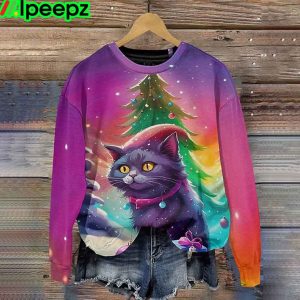 Cartoon Cat Print Christmas Sweatshirt