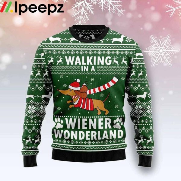 Dog Walking In A Wiener Wonderland Green Ugly Christmas Sweater