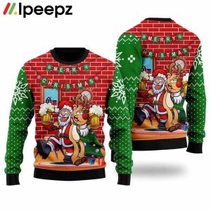 Funny Santa Drink Beer With Reindeer Ugly Christmas Sweater