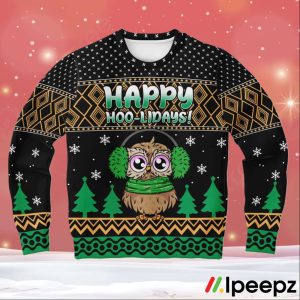 Happy Hoo-Lidays Owl Green Black Ugly Christmas Sweater