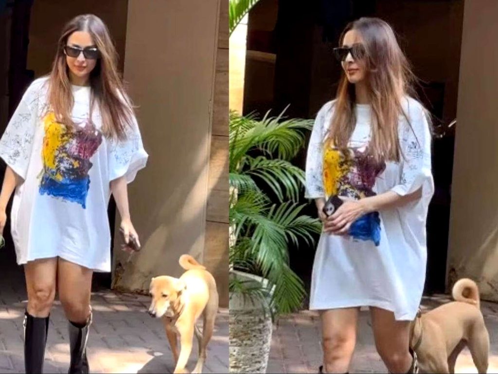 Malaika Arora's Effortless Sunday Style Oversized T Shirt Dress, Boots, and Bare Faced Beauty