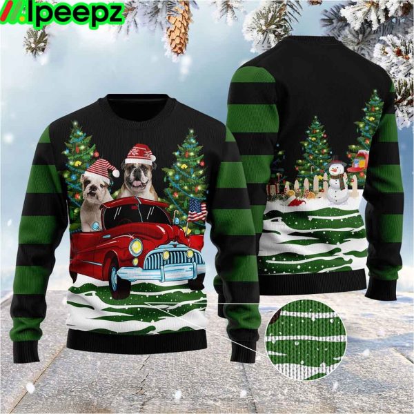 Merry Christmas Bulldog In The Red Car Funny Ugly Sweater