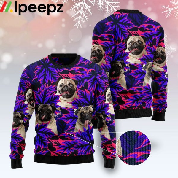 Pug Leaves Purple Funny Ugly Sweater