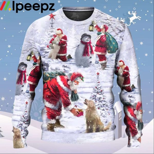 Santa Claus Chilling With Animal Snowman Happy Xmas Art Style Ugly Christmas Sweater