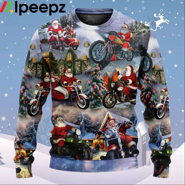 Santa Claus Driving Motorcycle Bike Gift Light Art Style Ugly Christmas Sweater