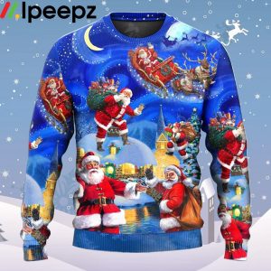 Santa Claus In The Town Magic Night Art Style Ugly Christmas Sweater