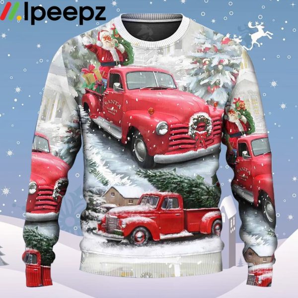 Santa Claus Red Truck Xmas Is Coming Art Style Ugly Christmas Sweater