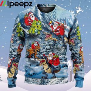 Santa Claus Riding Dinosaur Tree Gift Light Art Style Ugly Christmas Sweater