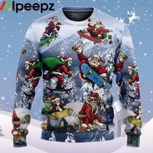 Santa Claus Skateboarding Snow Mountain Gift Light Art Style Ugly Christmas Sweater