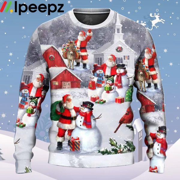 Santa Claus With Snowman Family In The Town Art Style Ugly Christmas Sweater