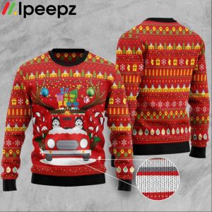 Siberian Husky On The Car Red Ugly Christmas Sweater