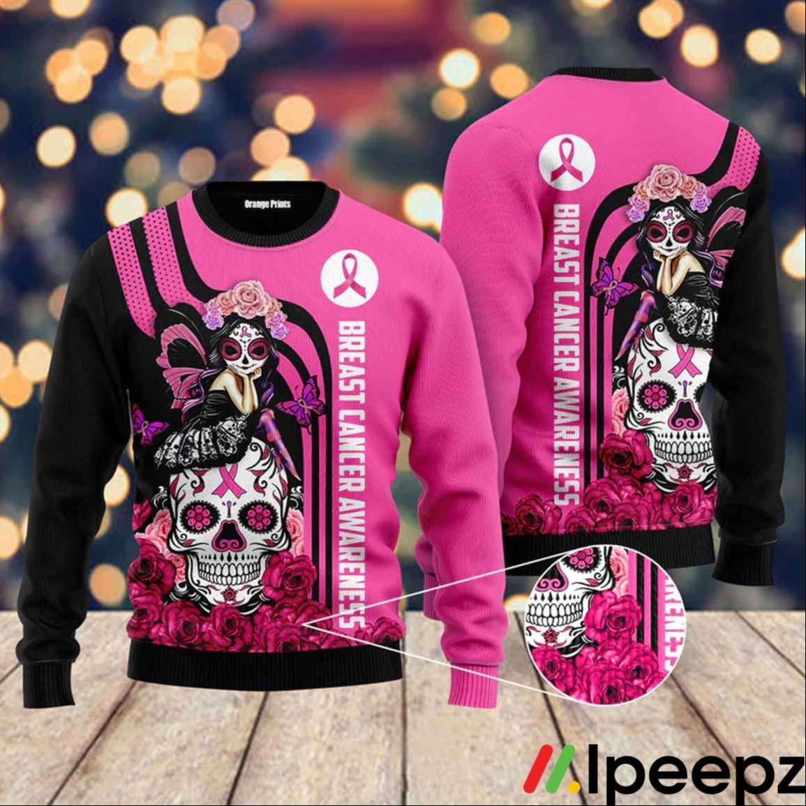 Skull Breast Cancer Awareness Ugly Christmas Sweater