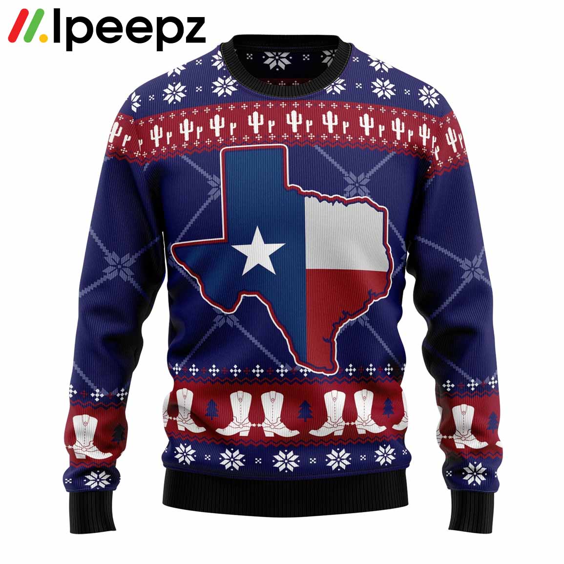 Texas Map Symbols Pattern Dark Blue And Red Ugly Christmas Sweater