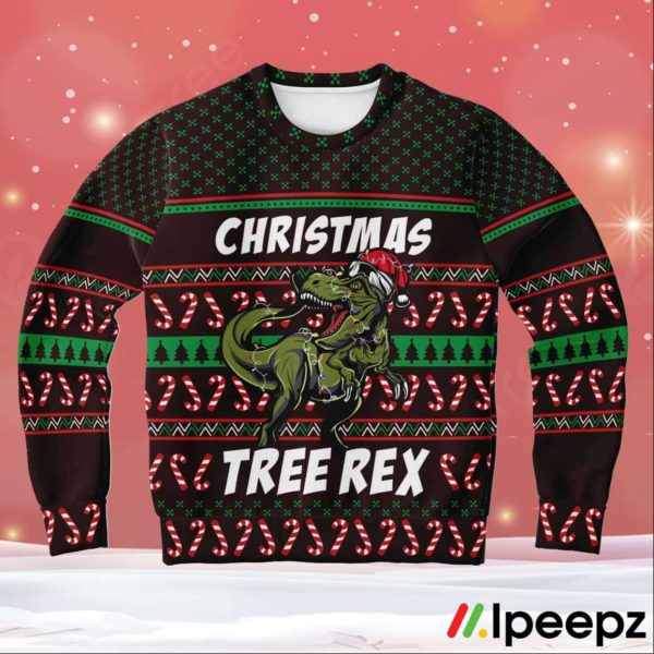 Tree Rex Green Dinosaur Wears Noel Hat Ugly Christmas Sweater