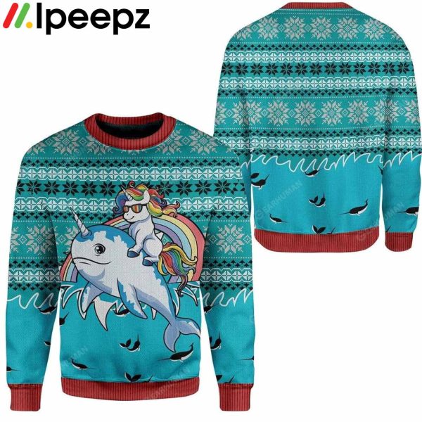 Unicorn Riding Narwhal Christmas Ugly Sweater