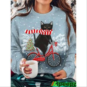 Womens Christmas Snowflake Cute Black Cat Print Casual Sweatshirt