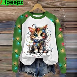 Women’s Watercolor Christmas lights Cute Cat Art Print Casual Sweatshirt