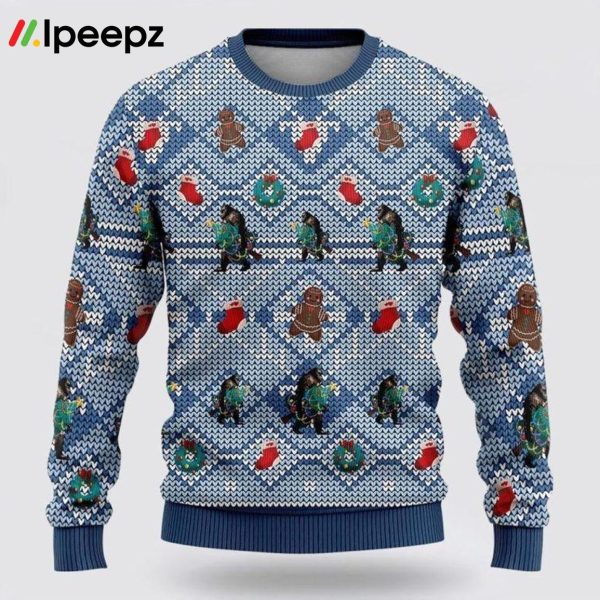 Bigfoot Christmas Blue Pattern Ugly Christmas Sweater