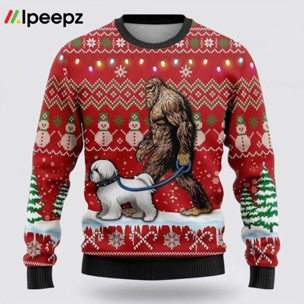 Bigfoot Goes To Spend Christmas With Bichon Frise Ugly Christmas Sweater