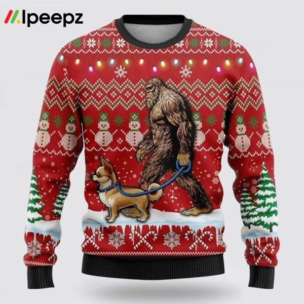 Bigfoot Goes To Spend Christmas With Chihuahua Ugly Christmas Sweater