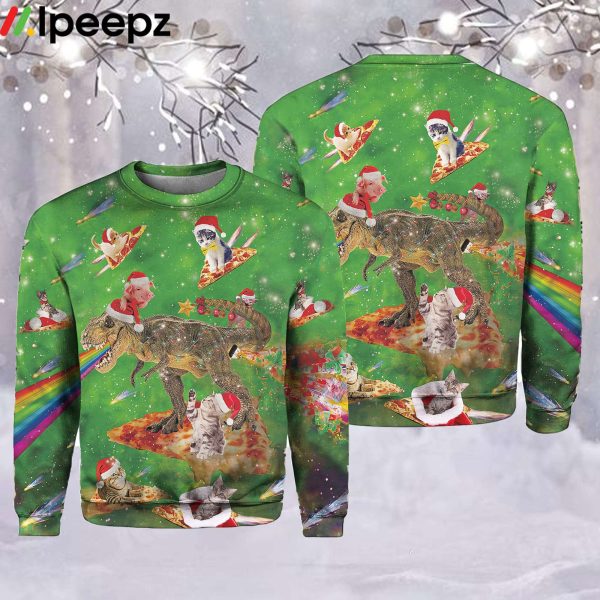 Cat And T Rex Pizza Fest Ugly Christmas Sweater