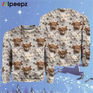 Christmas Highland Cow Highland Cattle Winter Snow Cute Cow Print Knit Pullover Sweater