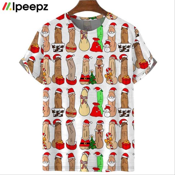 Fun Christmas Cocks Print Casual Crew Neck Shirt