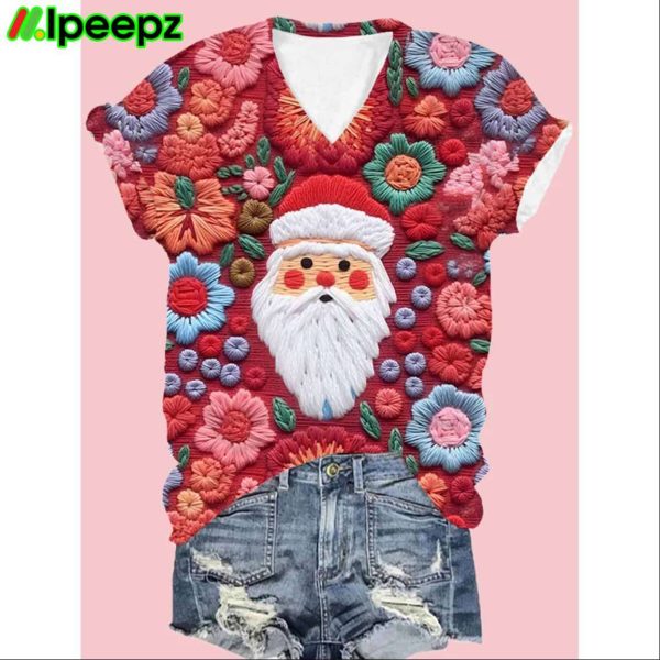 Womens Santa Print V Neck Shirt